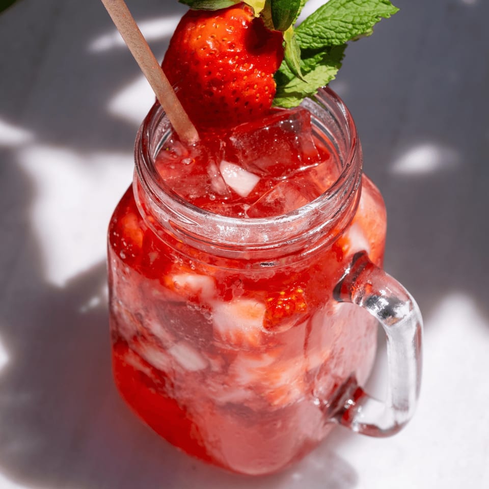 A strawberry drink in a mason jar with ice, garnished with a whole strawberry and mint.