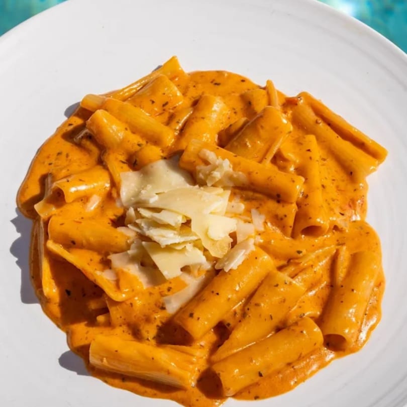 Rigatoni pasta in a creamy orange sauce with herbs and shaved parmesan cheese on a white plate.
