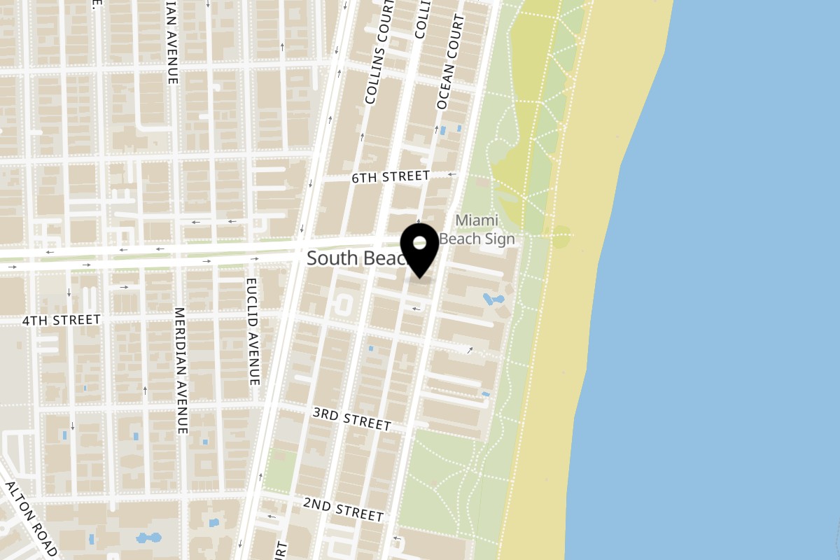 Map showing the location of Tiki Fish n Burgers 444 Ocean Drive on 444 Ocean Dr in Miami Beach
